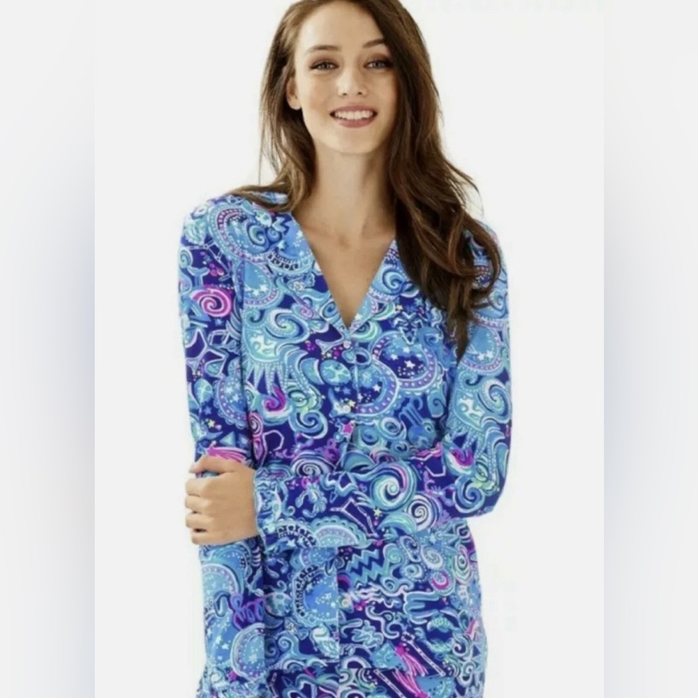 LILLY PULITZER Blue Ruffle PJ Button Up Top in Lapis Lazuli Cosmic Kismet
